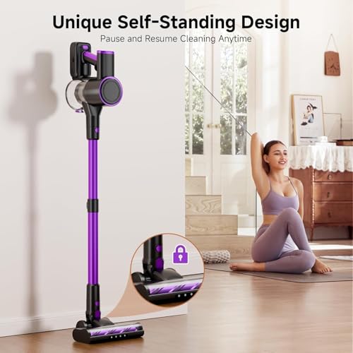 Honki Cordless Vacuum Cleaner, 500W/40Kpa Vacuum Cleaners for Home, Stick Vacuum Cordless with LED Display, Anti-Tangle & Wall Mount, 8 in 1 Lightweight Vacuum for Hard Floors Pet Hair(Purple)