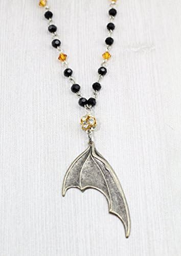 Orange Black and Silver-Tone Bat Wing Beaded Halloween Necklace, 18" Adjustable Length