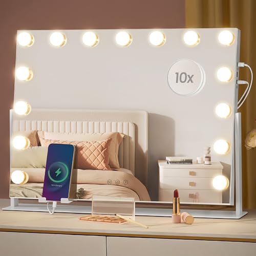SONGMICS Schminkspiegel mit Beleuchtung, 58 x 43 cm, Kosmetikspiegel mit 15 LED-Glühbirnen, mit Ladeanschlüssen, Touch-Steuerung, 3 Lichtfarben, dimmb