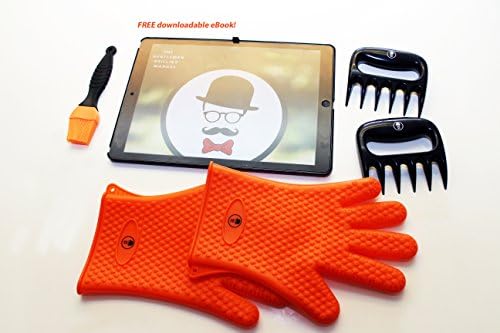 Heat Resistant Premium Multipurpose Set Silicone Cooking Oven Mitts &amp; BBQ Grilling Gloves w/ Pulled Meat Shredder Claws and Sauce Baster Brush + Free EBook. For Outdoors and Indoors, Dishwasher Safe!