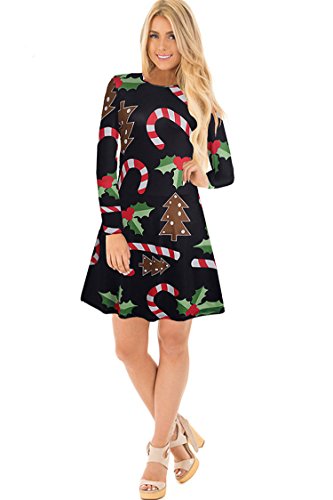 Herose Ladies Cozy Holly Berry Candy Canes Printed Flared Mini Dress Tops XL Black - Thumbnail 3