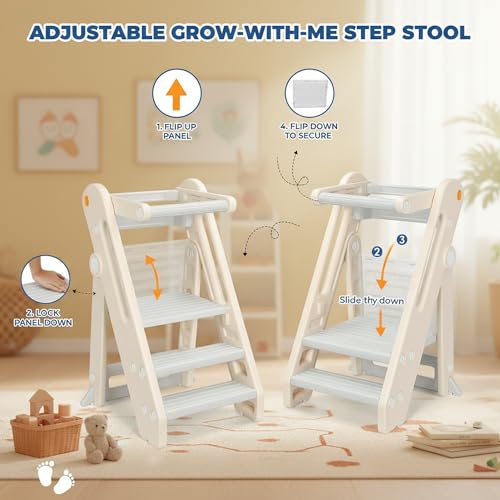Beauenty Learning Tower, Foldable Children'S Kitchen Step Stool, Adjustable Height Step Ladder Montessori Kids Standing Tower, With Handles, Safty Rail, For Kitchen Counter Bathroom Sink Child Ladder
