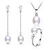 DIAMOVI Deluxe Jewelry Set For Women 100% Natural Freshwater Pearl Necklace, Earrings & Ring – 925 Sterling Silver W/Unique Design – 45 Cm Chain W/ 8-9 MM Pearl – Available in (White)