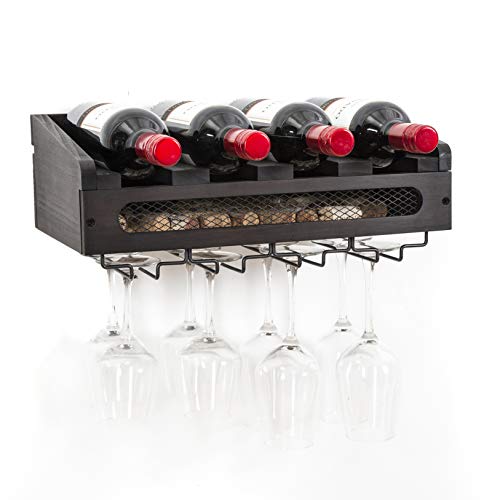 SODUKU Wall Mounted Wooden Wine Rack 4 Wine Bottles and 4 Long Stem Glasses Holder Wine Cork Storage Rack Espresso