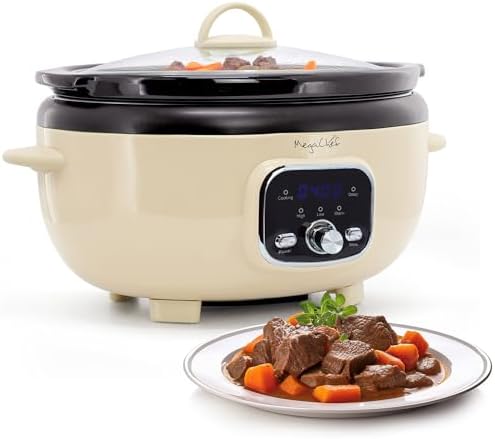 MegaChef 3.7 Quart Oval Electric Digital Slow Cooker with Black Stoneware Crock, Adjustable Timer & Temperature Control, Delay, High, Low & Warm Settings - Versatile Cooking Appliance (Cream)