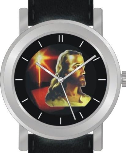 Inspirational Time"Jesus Christ" is The Inspirational Image on The Dial of The Unisex Size Brushed Chrome Round Case with Black Leather Strap