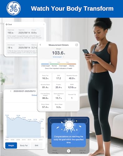 GE Smart Scale for Body Weight: BMI Body Metrics Digital Bathroom Scales, 13 Body Composition Monitor for Home Gym, Bluetooth App Sync, Accurate 400lb Weighing, Black 11inch