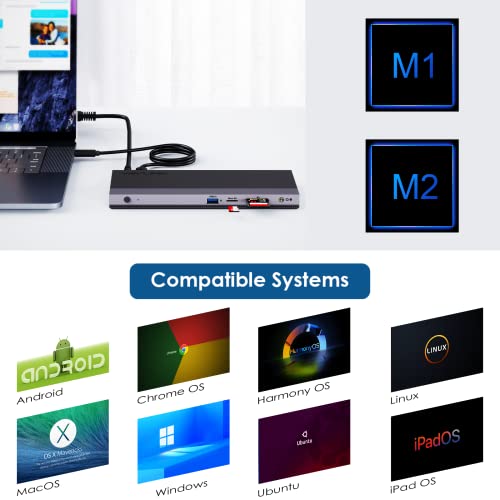 Wavlink USB C Docking Station Triple Display with 100 W Power Supply, USB C Dock Hub, 13-in-1 Triple Display Laptop Dock, 100 W Power Delivery, 2DP + HDMI, 4USB 3.0, Gigabit Ethernet, TF/SD Card Reader