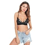 BellisMira Unpadded Mesh Triangle Cup Strappy Bralette with Embroidered Flower Applique -Black, M