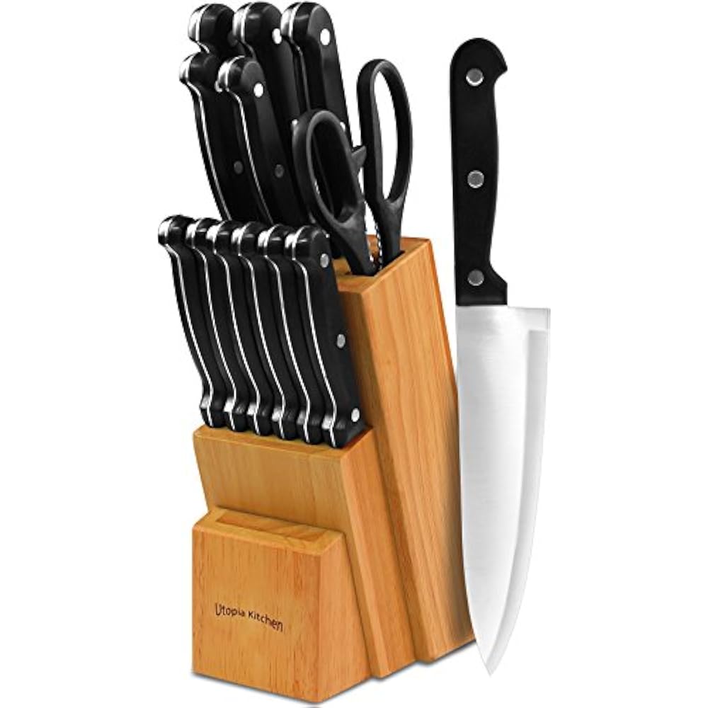 Stainless Steel Kitchen Knife Set Wooden Butcher Block 13 Piece Chef