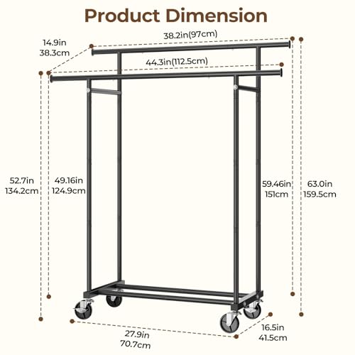 HYSEYY Double Rod Clothes Rail, Rolling Clothes Rack, Metal Clothing Rail with Lockable Wheels & Storage Shelf, Clothing Rack for bedroom, Laundry, Living Room - 160H x 113W x 42D cm, Black