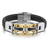 Men's Stainless Steel Genuine Leather Bracelet Bangle CZ Gold Black Braided Punk Rock