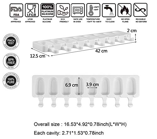 Joho Silicone Easy Cream Mini Ice Cream Bar Mold Set, Reusable Popsicle Molds Ice Pop Molds Maker with Wooden Sticks,Classic Oval,8-Cavity