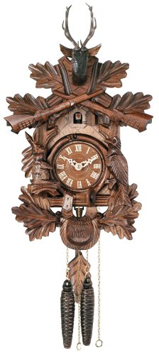 River City Clocks One Day Hunter's Cuckoo Clock with Hand-carved Oak Leaves, Animals, Crossed Rifles, and Buck - 16 Inches Tall - Model # 19-16