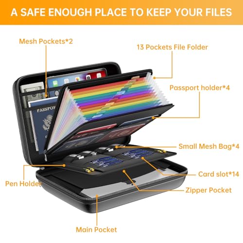 PFUTURE Fireproof File Organizer with Lock, Hard Shell Document Box with 13 Pocket Accordion Folder, Portable Fireproof Storage Case for Important Documents, Laptop, Home Office, Travel – Black