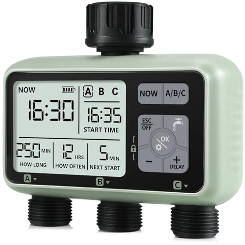 CROSOFMI 3 Way Automatic Digital Watering Timer Irrigation Timer Programmer Garden Irrigation /IPX5 Waterproof/Rain Delay/Manual Watering Mode