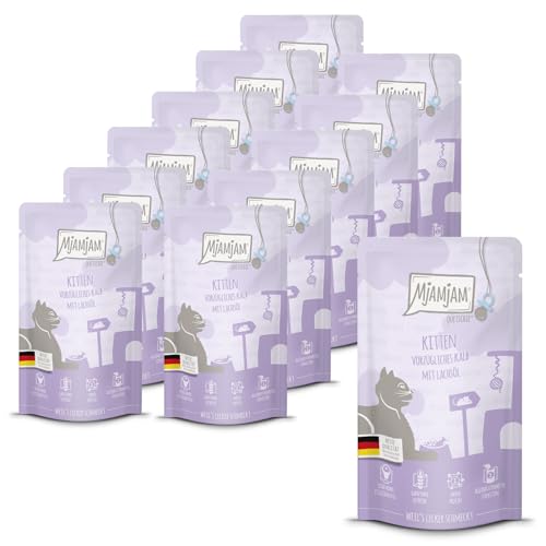 MjAMjAM - premium wet food for cats - Quetschie - Kitten excellent calf with salmon oil, pack of 12 (12 x 125 g), grain-free with extra meat