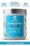 Amazing Grass GLOW Vegan Protein Powder: Organic Plant Based Collagen Support Protein Powder with Biotin Supplements, Vanilla Honeysuckle Flavor, 15 Servings (Packaging May Vary)