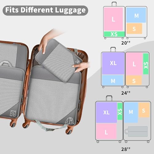 Grey Suitcase Organiser Set, 6-Piece Compression Packing Cubes, Suitcase Organiser, Travel Organiser, Compression Packing Cube Set for Suitcase, Backpack, Hand Luggage