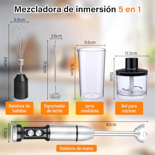 LEMONSEA Batidora de Inmersion 5 en 1 de acero inoxidable, Licuadora de Mano 1000W Batidora de Mano Multiusos de Alta Potencia, Incluye Tazón Picador y Accesorios para Batidos y Espumador de Leche