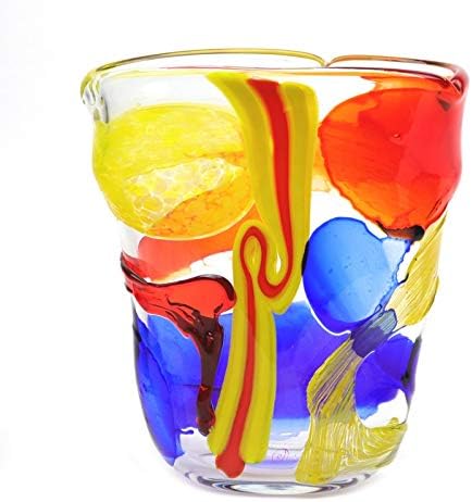 Murano Glass Contrast Flared Vase with Red Blue and Yellow Abstract Design