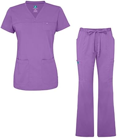 Adar Indulgence Jr. Fit Womens Scrub Set Curved V-Neck Medical Scrub Top and Scrub Pants - 4401 - Lavender - XXS