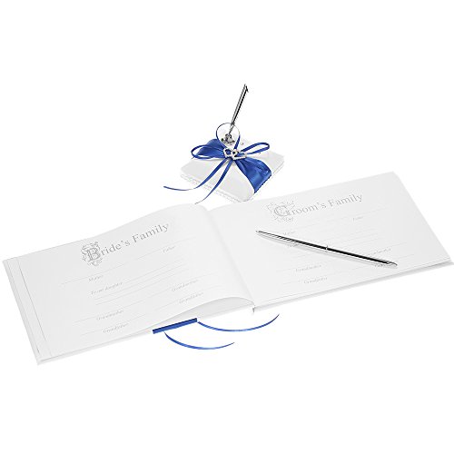 5pcs/Set Wedding Supplies Double Heart Satin Flower Girl Basket + 7 7 inches Ring Bearer Pillow + Guest Book + Pen Holder + Bride Garter Set (Blue)