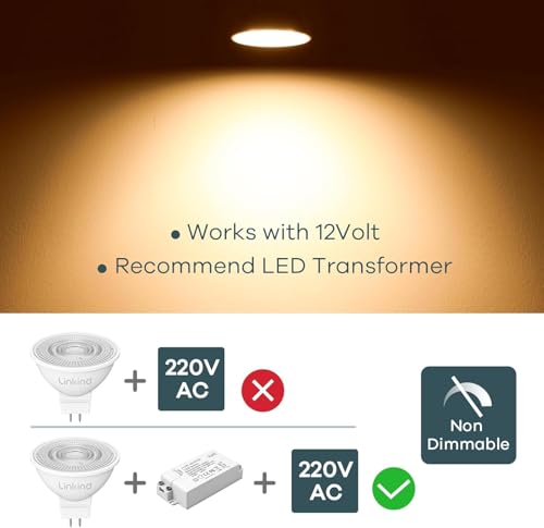 Linkind GU5.3 MR16 LED 5W Lamp 12 V, 50 Watt Replaced, 2700 K Warm White 36° Beam Angle LED Spot MR16, 520 Lm AC/DC 12 Volt Bulb, Not Dimmable, Pack of 5