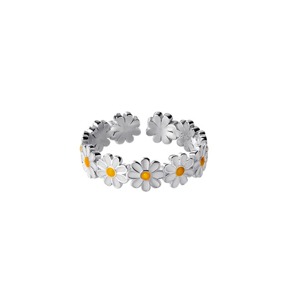 IMINI Cute Daisy Flower Open Statement Rings Sterling Silver 925 Adjustable Sunflower Wedding Engagement Ring Toe Ring Finger Band Eternity Dainty Jewelry Gifts for Women Girls Birthday