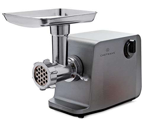 ChefWave Electric Meat Grinder FDA Approved - Stainless Steel Heavy Duty 1800W Max 3-Speed - 4 Grinding Plates, 3 Cutting Blades, Tomato Juicer, Sausage Stuffer Tubes + Cutting Board + Sausage Pricker