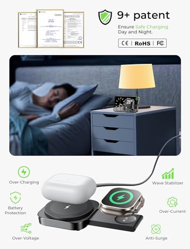 LISEN 2 IN 1 MagSafe Wireless Charger Mini Magnetic Stand Airpods Wireless Charger Fast Magsafe Charging Station for iPhone 17 16 15 14 Pro Max Air Apple i Watch 10/9 AirPods Pro3/2,Black