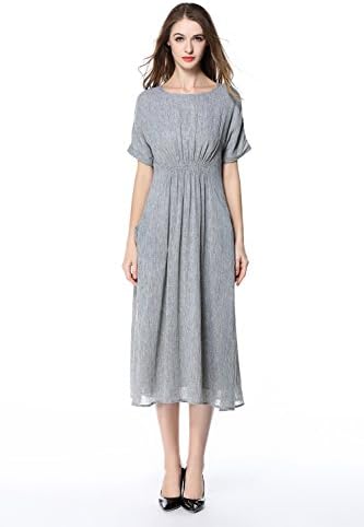 Women Summer Cotton Clothing Round Neck Dress Casual Dress Loose Short Sleeve Cotton Linen Dress Maxiskit Skirt (8, Light bean green)