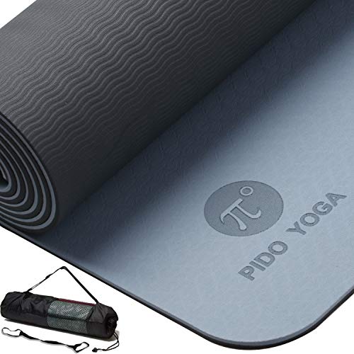 WWWW PIDO Yoga Mat Eco Friendly TPE Non Slip Yoga Mats by SGS Certified with Carrying Strap and Bag,72″x24″ Extra Thick 1/4″ for Yoga Pilates Fitness Exercise Mat(Blue Gray + Navy Blue)