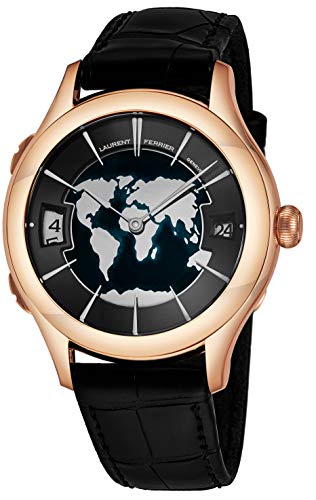 Laurent-Ferrier-Galet-Traveller-Mens-18K-Rose-Gold-Automatic-Dual-Time-Zone-Watch-41mm-Black-Enamel-Face-with-World-Map-Date-and-24-Hour-2nd-Time-Zone-Black-Leather-Band-Swiss-Made-Luxury-Watch