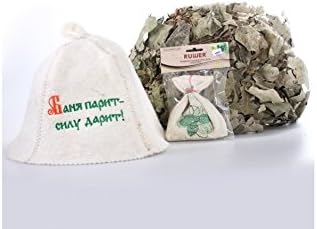 The Sauna Is Puffing and Steaming Sauna Gift Set (1 Oak Venik, 1 Sauna Hat, 1 Mint Steam Herbal Blend)
