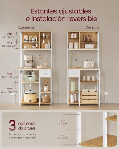 NEWBLUE Alacenas para Cocina, Ajustables Estante para Microondas de Cocina con Enchufes y 12 Ganchos, Cajón de Tela, Muebles para Microondas Mueble para Sala, Cafetería