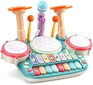 CUTE STONE 5 in 1 Musical Instruments Toys,Kids Electronic Piano Keyboard Xylophone Drum Toys Set with Light, 