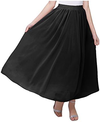 Women's Long A Line High Elastic Waist Swing Chiffon Pleated Midi Skirt