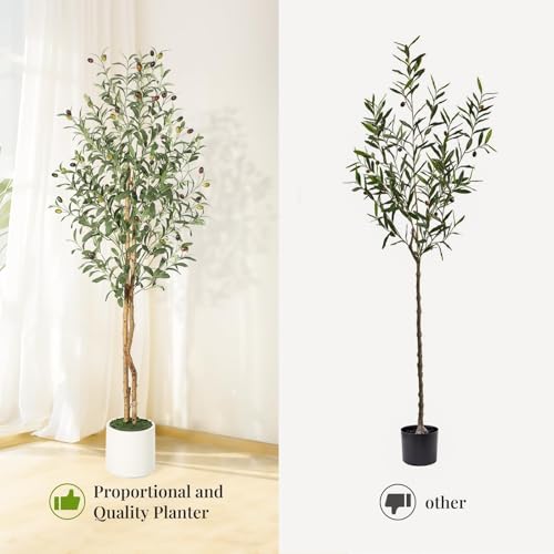 Garvee 150cm Artificial Olive Tree, Faux Plant with Natural Wood Trunks, 864 UV-Resistant Silk Leaves, White Ceramic Pot with Weighted Base, Farmhouse Floor Decor for Living Room, Entryway, Office