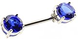 Pair of Nipple bar Sapphire BLUE shield ring straight basic bar 14G with Large Gems forward facing