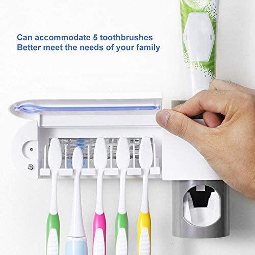 Womdee UV Toothbrush Holder Sanitizer, Mulitfunction Toothbrush Holder Wall Mounted, UV Sterilizer & Automatically Dispense Toothpaste & 5 Toothbrush Slots & 3M Sticky, for All Kinds Toothbrushes