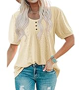 ZXZY Womens Boho Hollow Out Puff Sleeve Tops Buttons Decor V Neck T Shirts for Lady