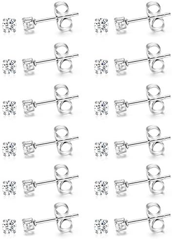 Ruarua 12 Pairs 3mm Stainless Steel CZ Stud Earrings for Womens Round Ball Earring (12 pairs CZ)