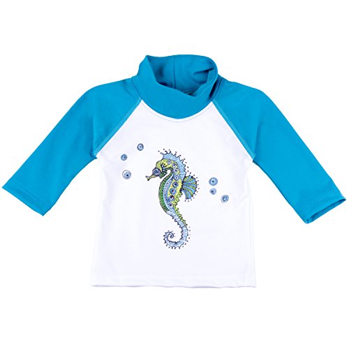 Nozone Sun Protective Swim Shirt for Baby Girls in White/Ocean, Seahorse, 18-24 Months