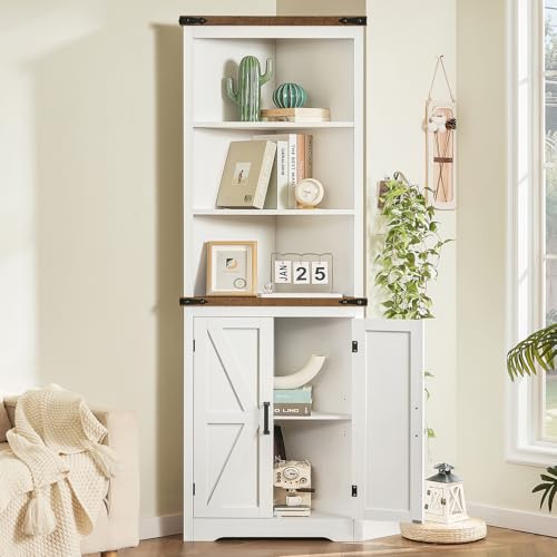 TEENFON Farmhouse Corner Cabinet, 70" H Tall Corner Hutch with 5 Shelves & 2 Barn Doors, Bathroom Cabinet with Adjustable Shelf, for Living Room, Kitchen, Bathroom, White