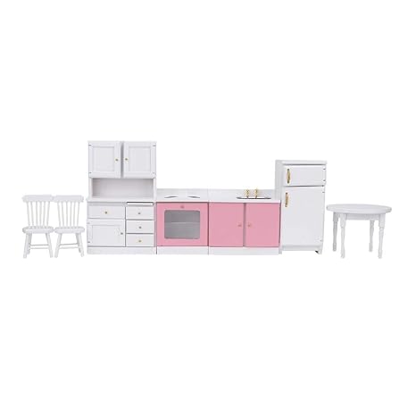 KIMISS Dollhouse Miniature Dining Room Set Dining Table Chair Wooden Furniture Set with Refrigerator