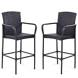 Tangkula Set of 2 Patio Bar Stools Indoor Outdoor Use Wicker Rattan Barstool with Footrest for Garden Pool Lawn Backyard Study Steel Frame Bar ChairsFurniture (Dark Brown 47" H) (Mix Brown)