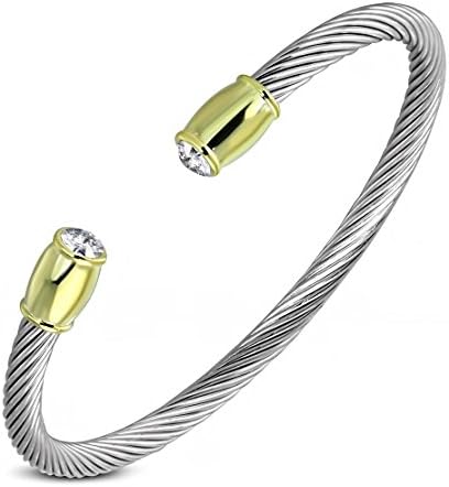 Stainless Steel 2-tone Celtic Twisted Cable Wire Torc Cuff Bangle with Alloy Tube End Caps &amp; Clear CZ Length: 0.66"