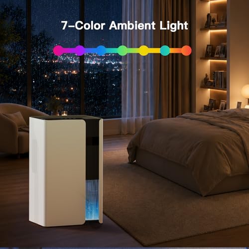 Globexis Dehumidifiers for Home, Quiet Dehumidifier for Bedroom for Small Spaces up to 800 sq.ft., 102oz Water Tank, Auto Shut-Off, Timer, 7-Color Light, Portable for Bathroom, Closet, RV, White