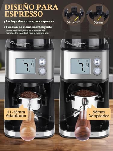 Homtone Electric Coffee Grinder with Conical Grinder – Coffee Mill with 51 Grinding Levels, Removable Holder, Container Included – for Espresso, Filter Coffee, Cold Brew (Acciaio Inox)